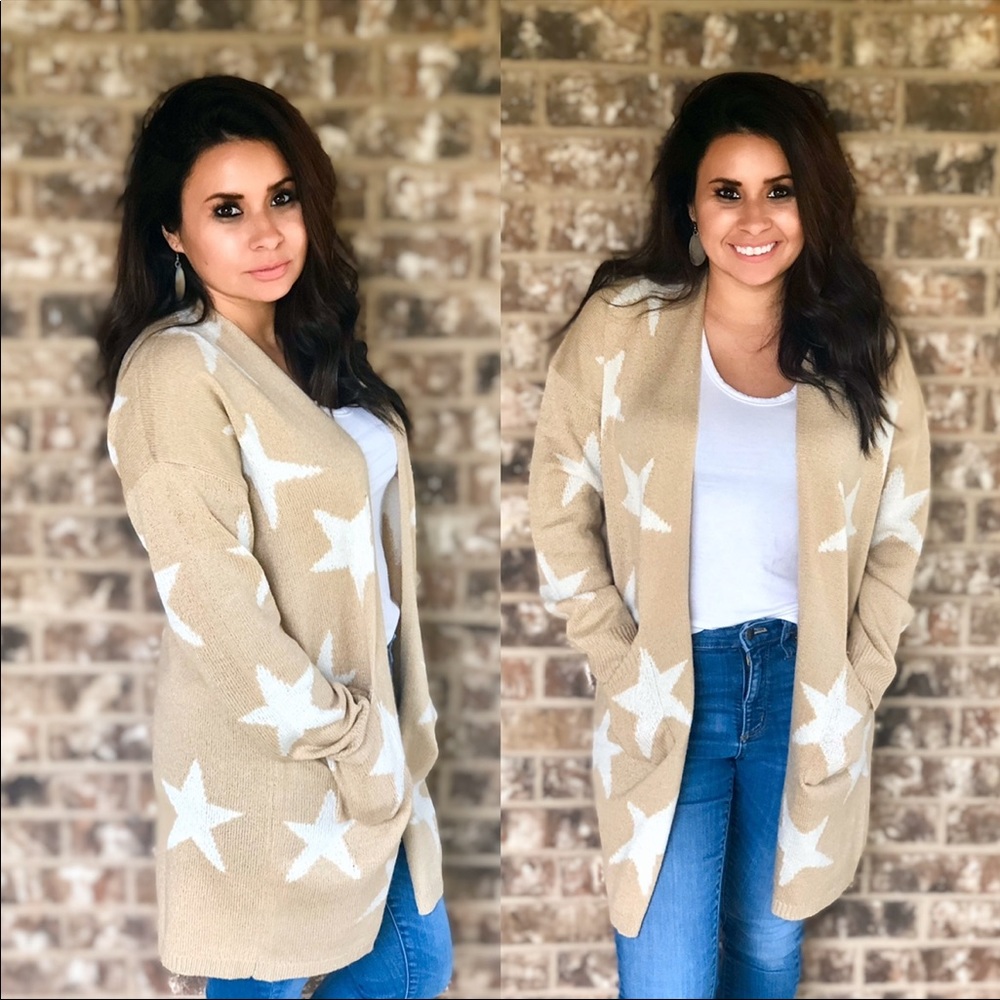 Star cardigan. Tan with white stars. Size small. Bought from boutique